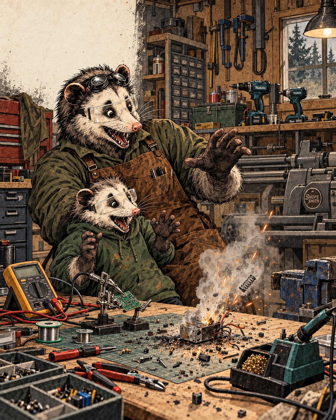 Dad Opossum shields John as a workshop prototype pops with smoke and sparks on their electronics bench.