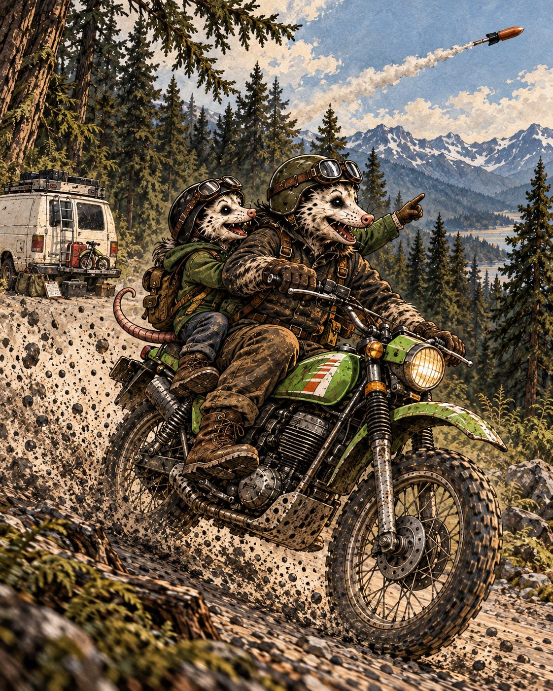 Dad and John Opossum ride their green vintage trail motorcycle during a Pacific Northwest field test.